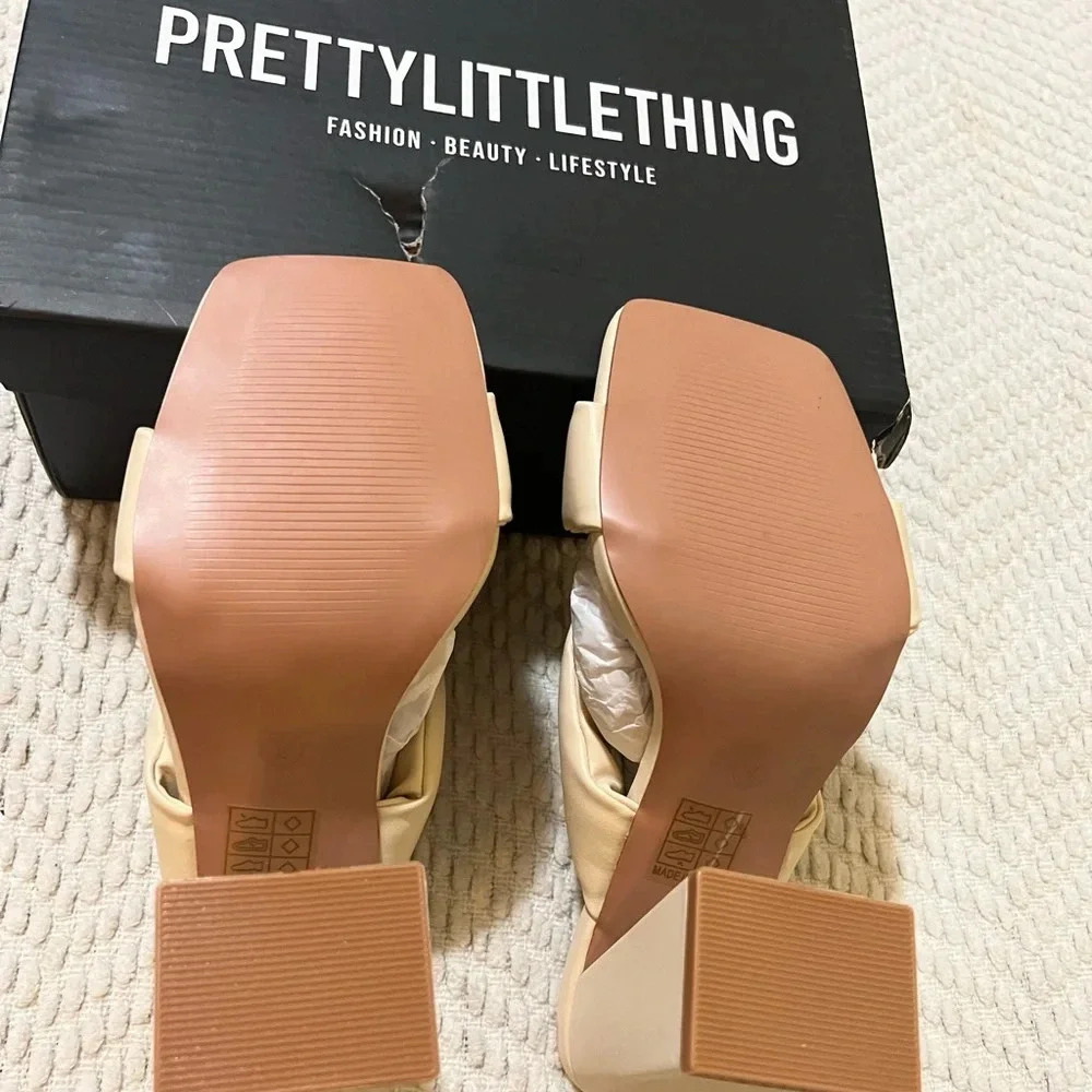 🖤New Pretty Little Things Cream Pu Square Toe Quilted Knot High Heeled Mules🖤 - Picture 6 of 7